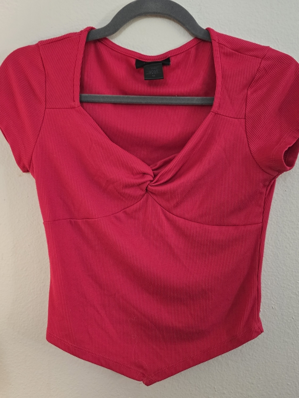 Just Polly New York Hot Pink Ribbed Twist Front Crop Top Size Medium Y2k